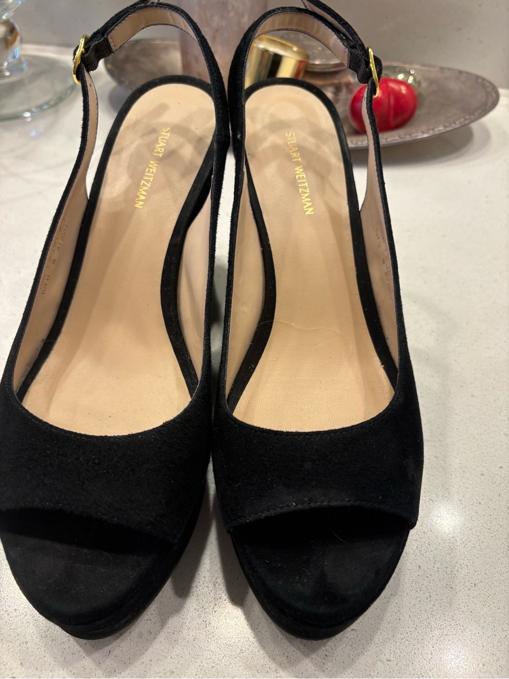Stuart Weitzman Black Suede Slingback Peep-Toe Mules